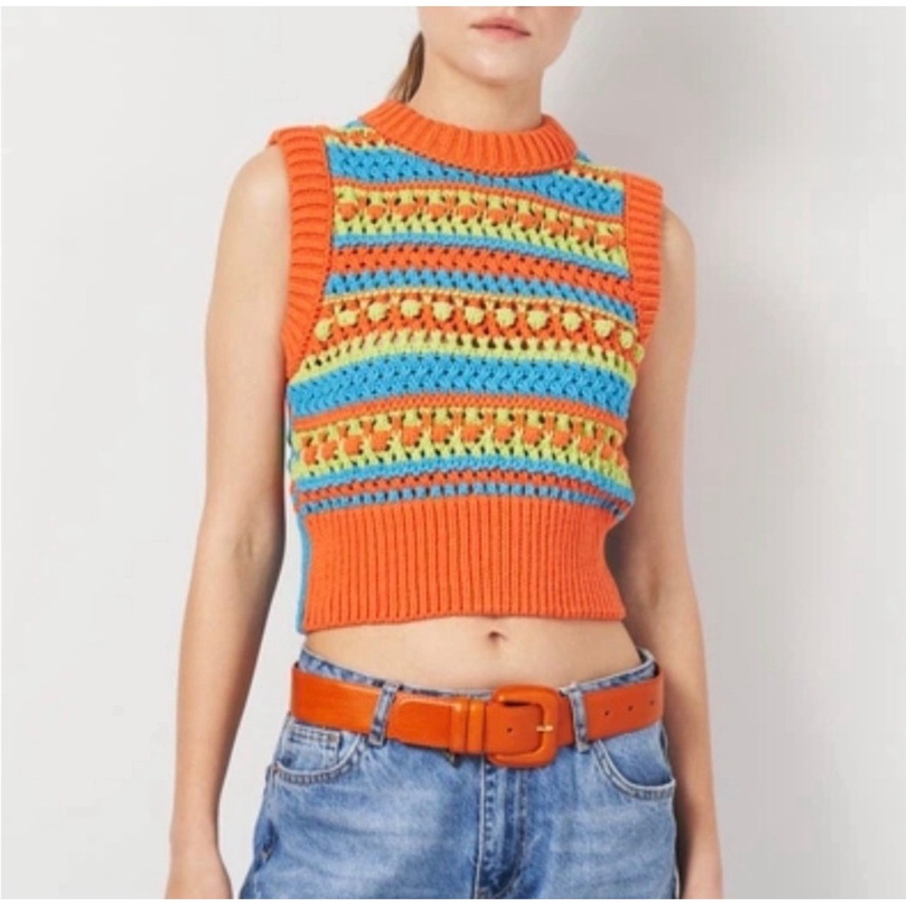 Zara Crochet Knit Crop Tank Top Colorful Striped Sleeveless Sweater S NWT Mod